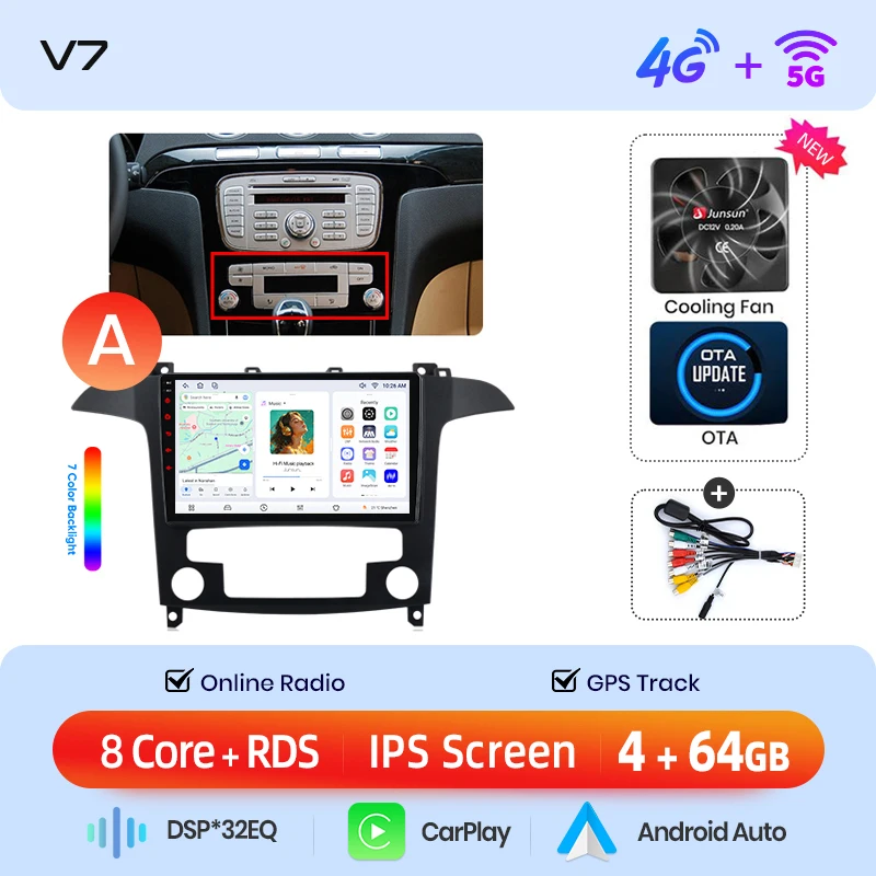 Junsun draadloze CarPlay Android Auto autoradio voor Ford S-MAX Mk1 (WA6) 2006-2015 met ingebouwde koelventilator, Android GPS navigatie, multimediaspeler, WiFi, DSP, RDS, BT, SWC, IPS touchscreen,