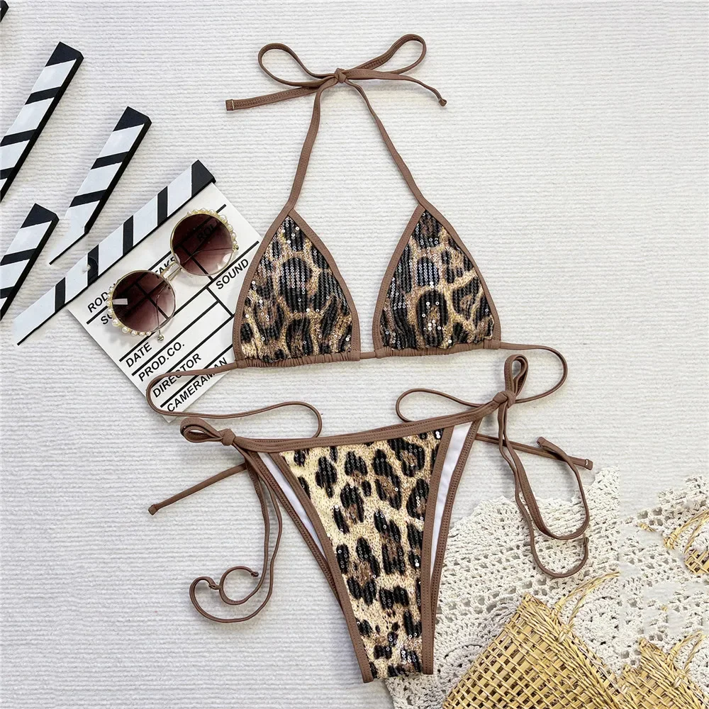 

Блестящий купальник с леопардовым принтом и блестками, микро-стринги с лямкой на шее, треугольный комплект бикини, сексуальный женский купальник 2021, бикини Dames Biquini