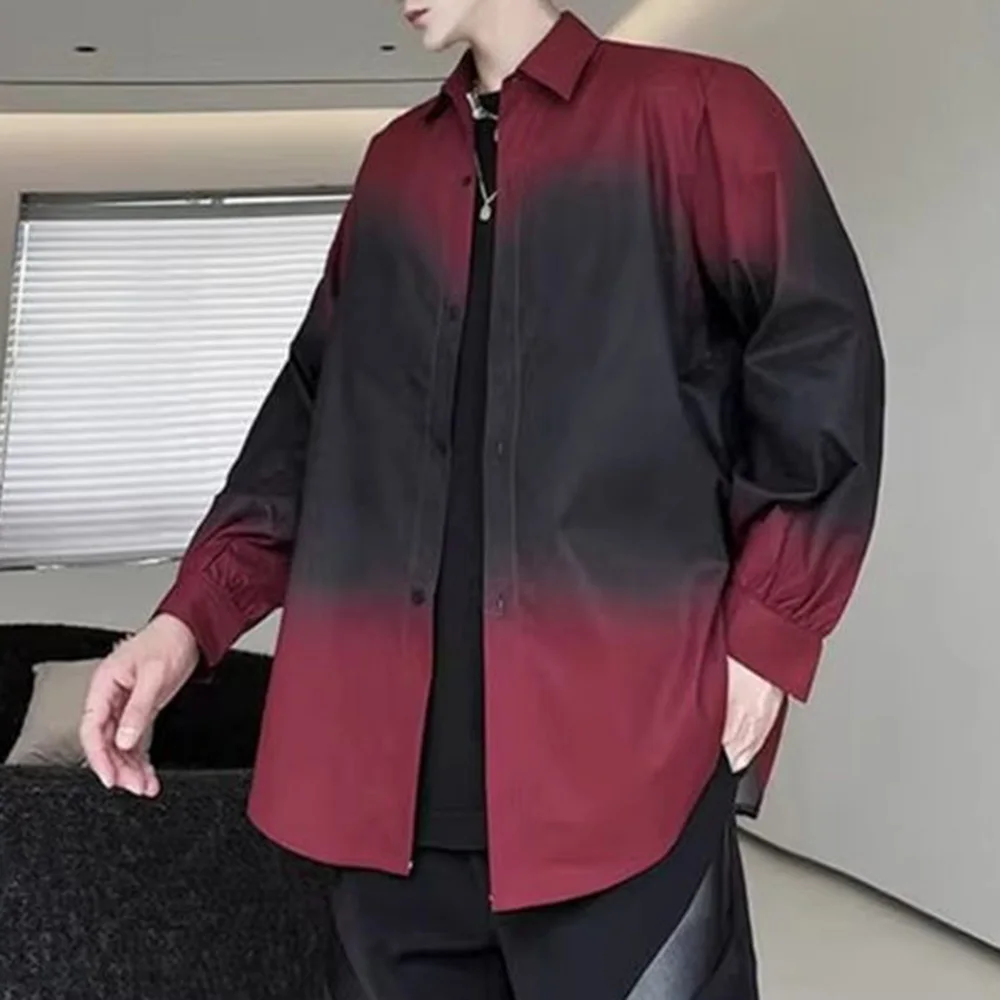 Mens Shirt Gothic Y2k Black Red Gradient Contrast Casual Shirt Summer Streetwear Hip-Hop Retro Niche Thin Long-Sleeved Top 2024