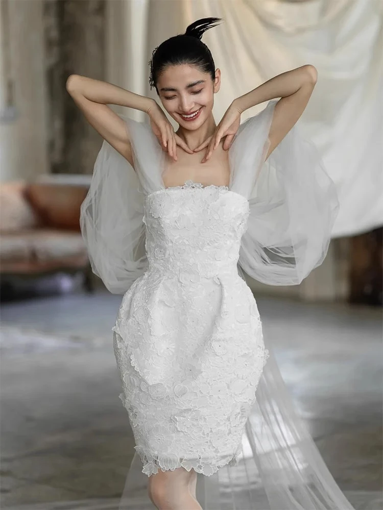 White Short Wedding Dresses Women Sexy Strapless Shiny Sequin Party Evening Dresses Simple Korean Photos Shoot Bridal Dresses