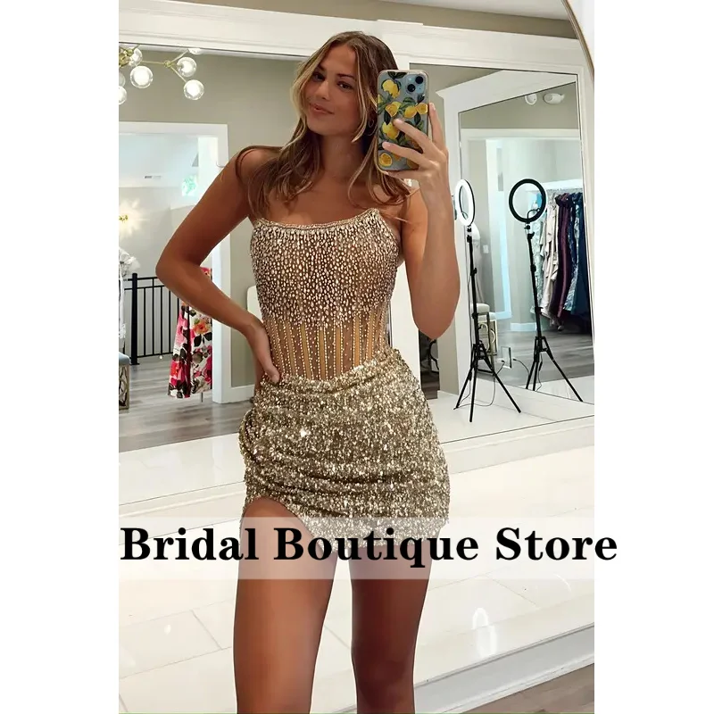 Sparkly Homecoming Dresses Cocktail Prom Bodycon Strapless Corse Bateau Backless Zipper Sleeveless Beading Customized