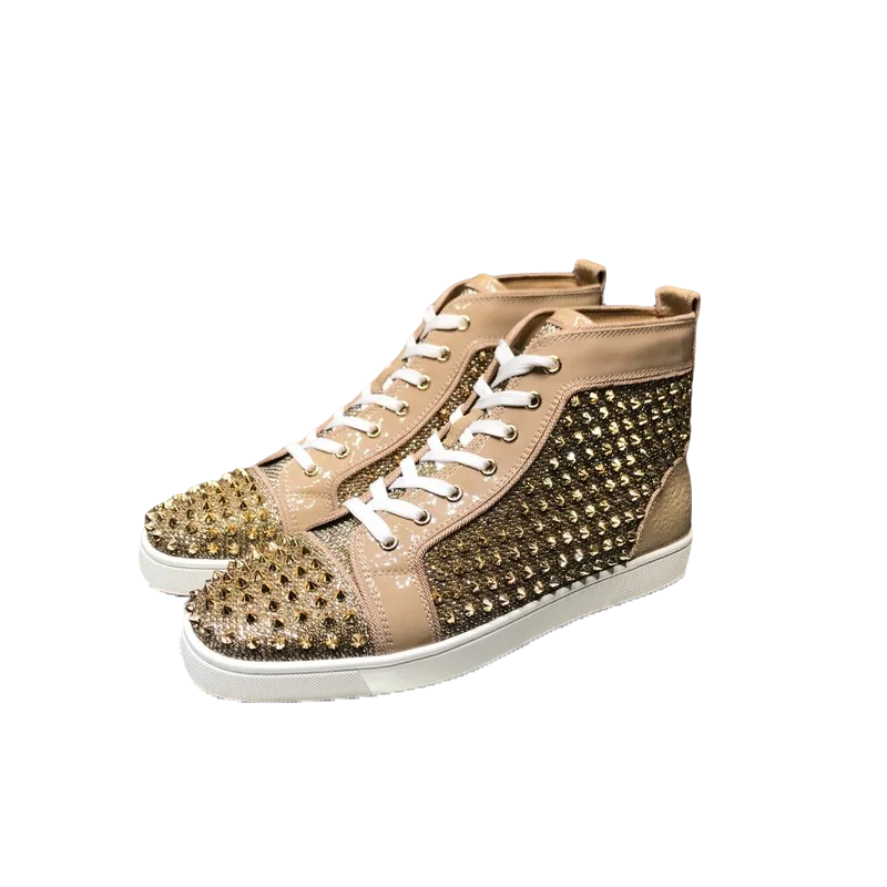 Luxury Women High Top Red Bottom Shoes For Men Trainers Spiked Gold Glitter Genuine Leather White Sole Rivets Flats Sneaker