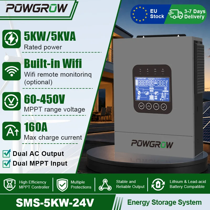 POWGROW 12KW Hybride Off-Grid Solar Inverter Dubbele Uitgang MPPT 48V Universeel 220V AC 160A Solar Charger Max 500V PV Ingang Ingebouwde BMS Zuivere Sinusgolf Inverter