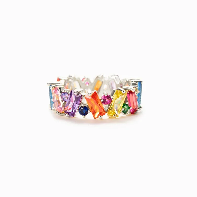 BKBK Gold Rainbow Baguette Crystal Band Women Rings Engagement Wedding Rings Anti-Oxidation Fashion Jewelry for Brides Hippie Teen Ladies Valentine Xmas Daily Party Stackable Colorful Finger Accessory