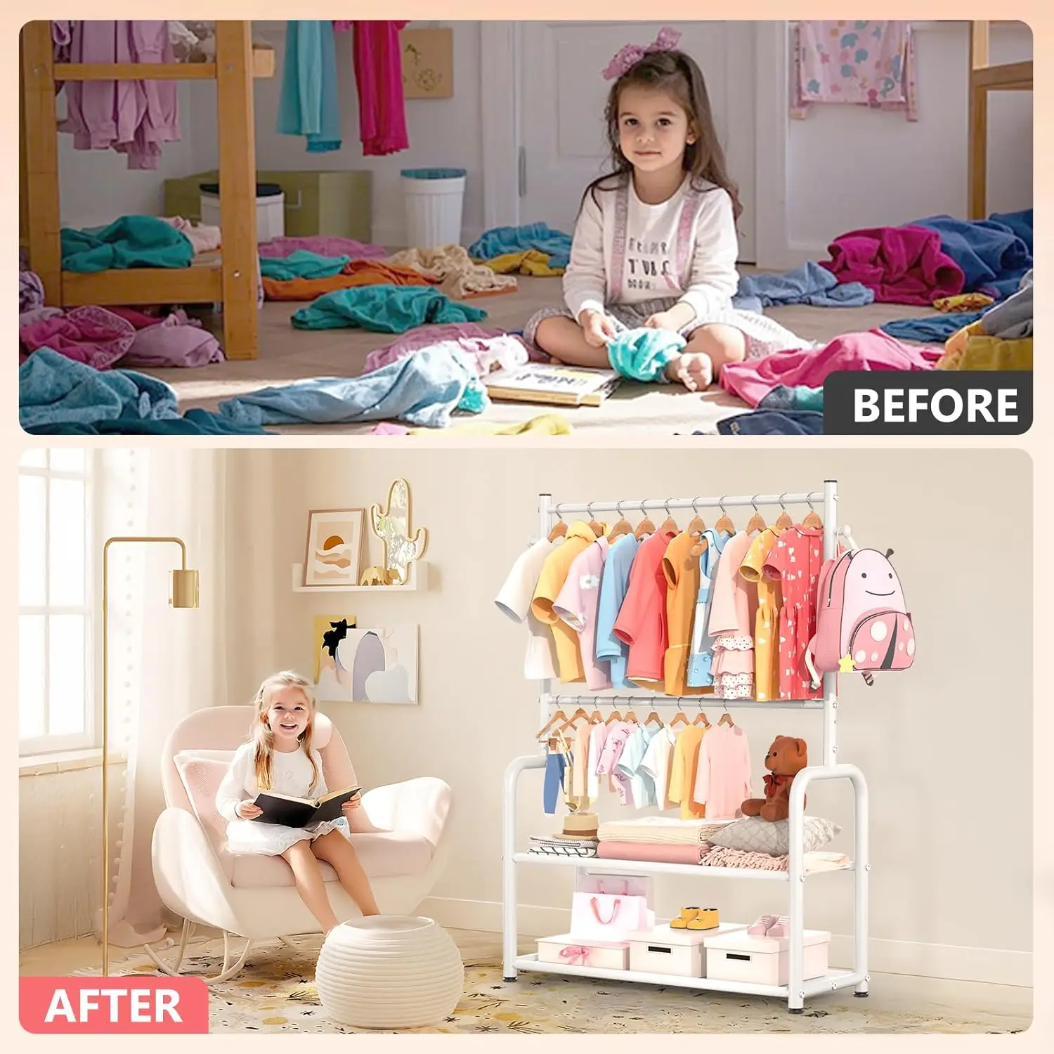 ราวแขวนเสื้อผ้าเด็กพร้อมชั้นวาง 2 ชั้นและราวปรับระดับได้, ตู้เสื้อผ้าเด็กสีขาวสำหรับแขวนเสื้อผ้า