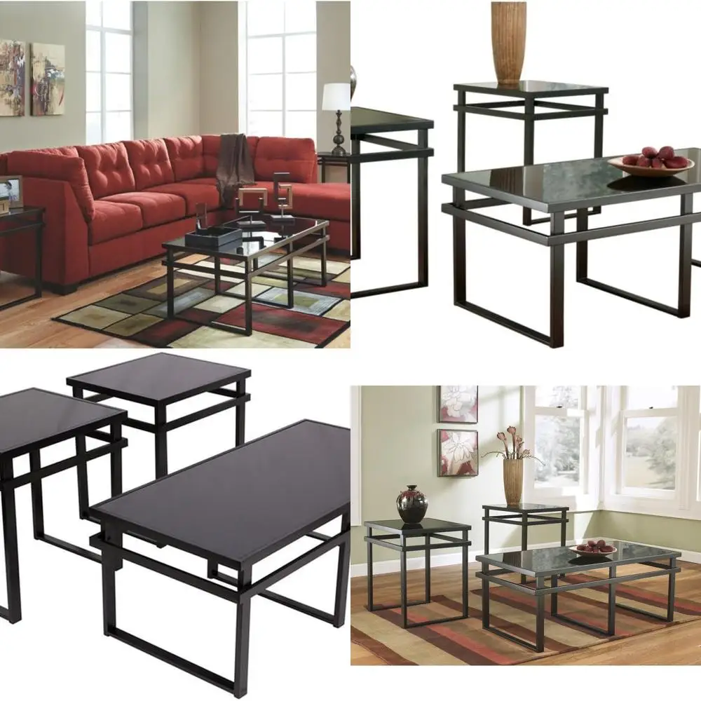 طقم طاولة زجاجية سوداء مكونة من 3 قطع: طاولة قهوة مع طاولتين نهائيين