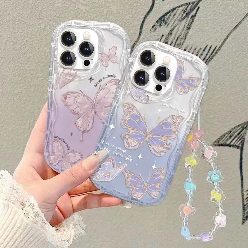 Cute Butterfly With Chain Case For Samsung Galaxy A17 A07 A16 A15 A56 A55 A54 A53 A36 A35 A34 A26 A25 A24 A06 M15 M16 M36 Cover