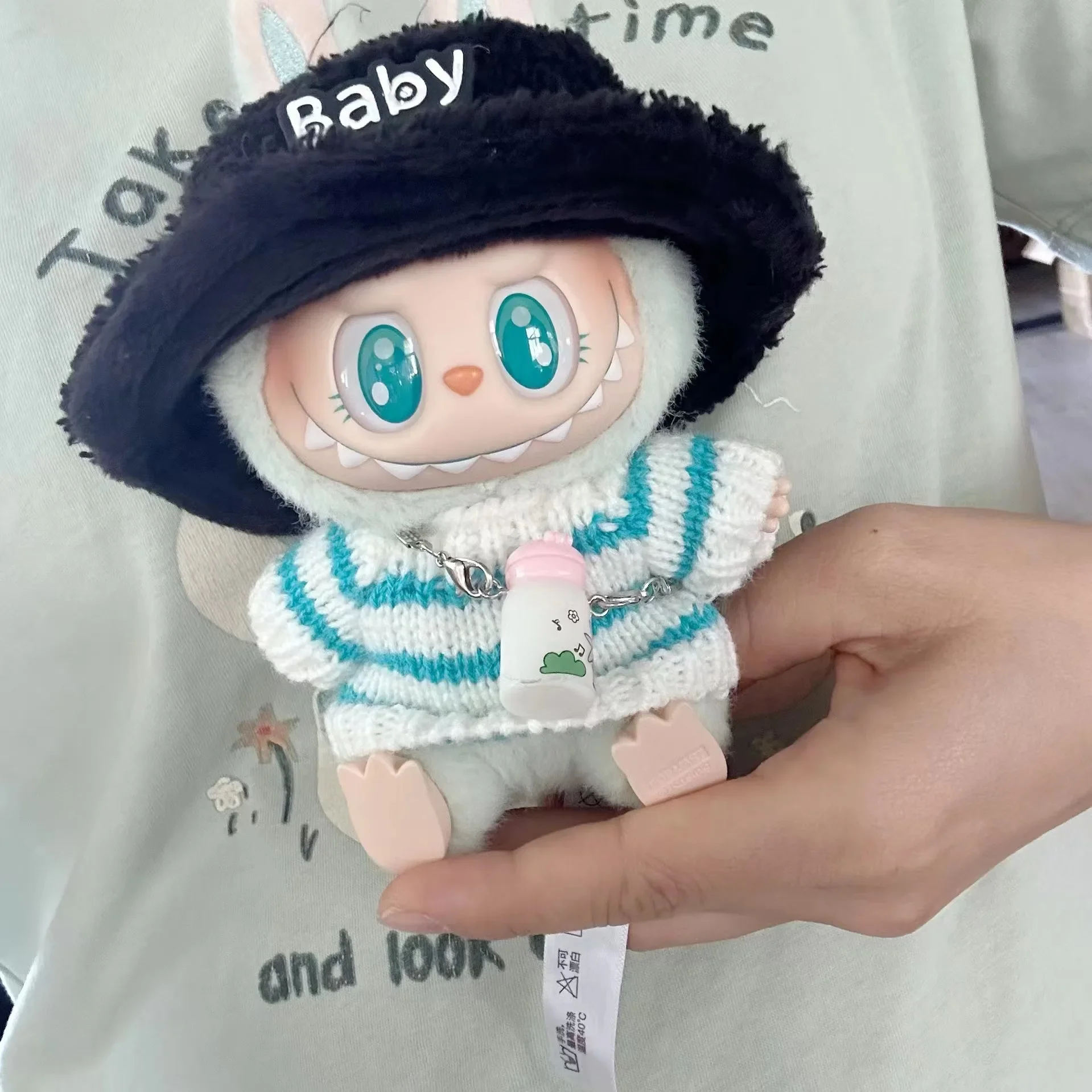 Mini Doll'S Clothes Outfit Accessories For Korea Labubu V1 V2 Idol sitting party pink and white striped sweater cup Clothing