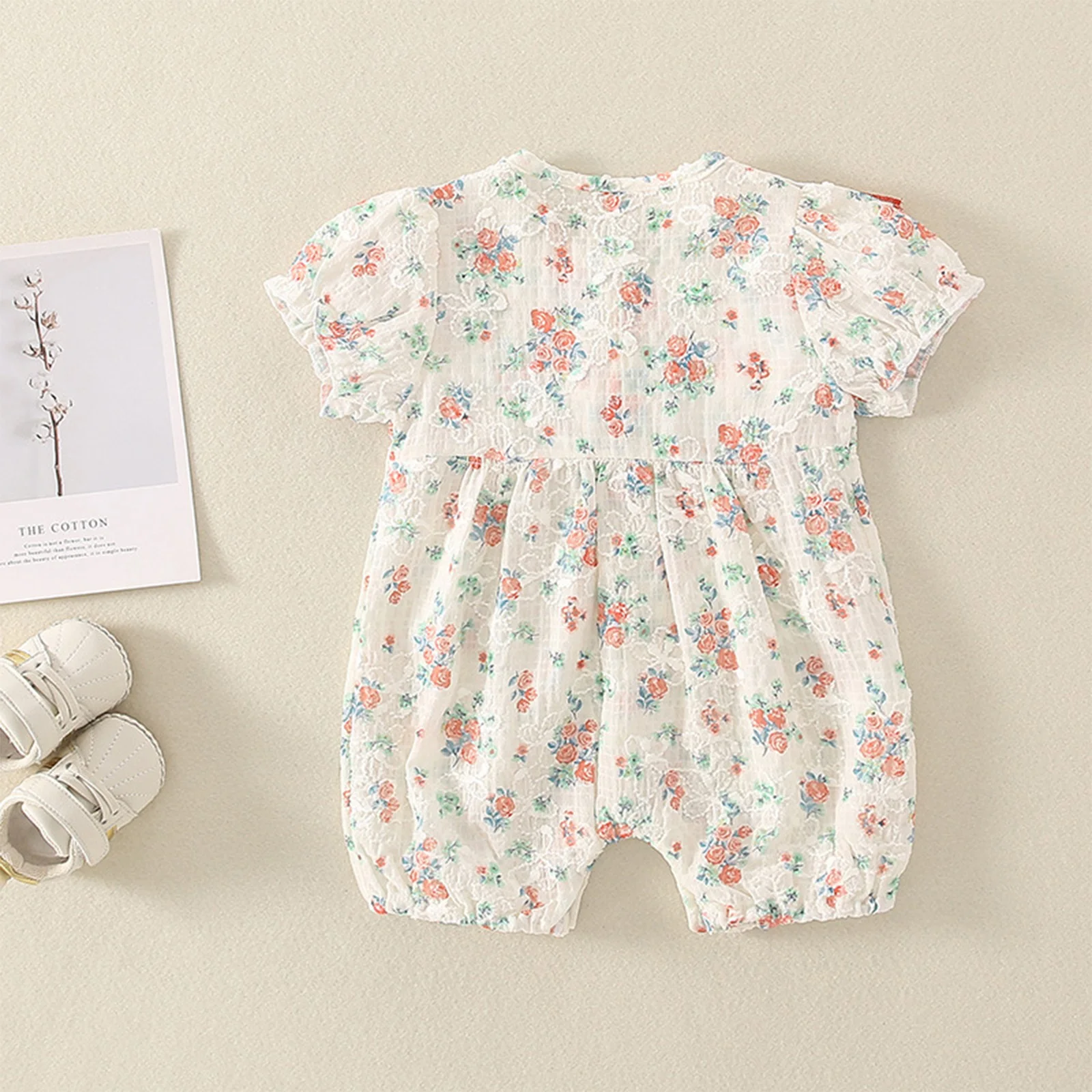 Baby Girls Sweet Summer Rompers Short Sleeve Button Floral Print Jumpsuit Infant Clothing Outfits for Holiday Party Casual Wear