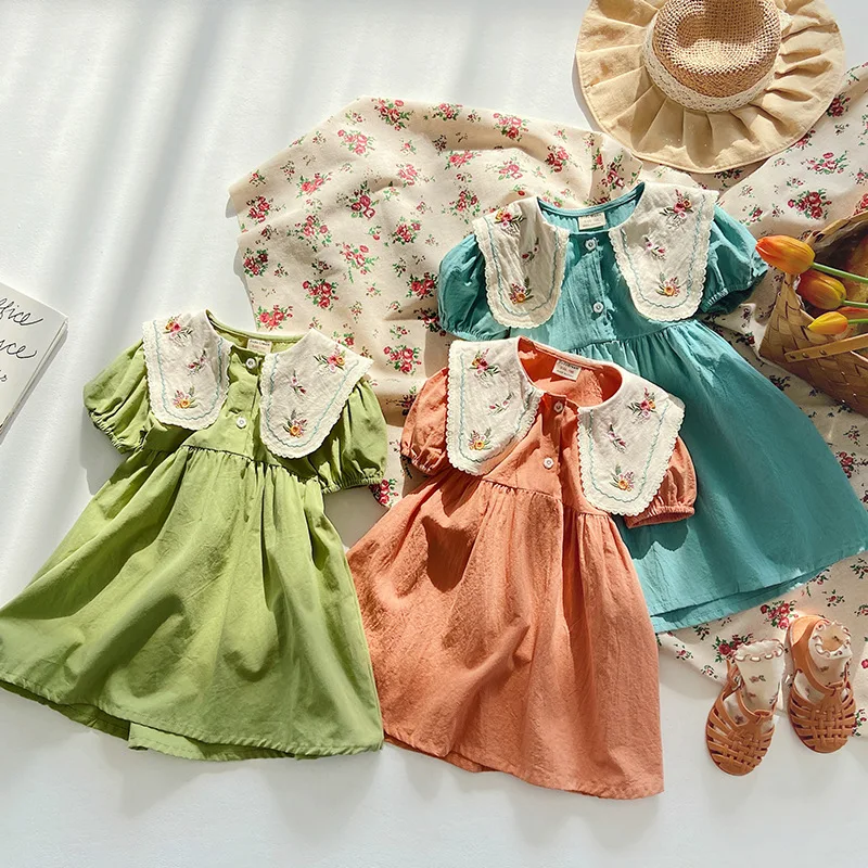 

Korean Children's Clothing Pastoral Floral Embroidered Girls' Dress2024Summer Retro Lapel Cotton Short-Sleeved Dress for Childre