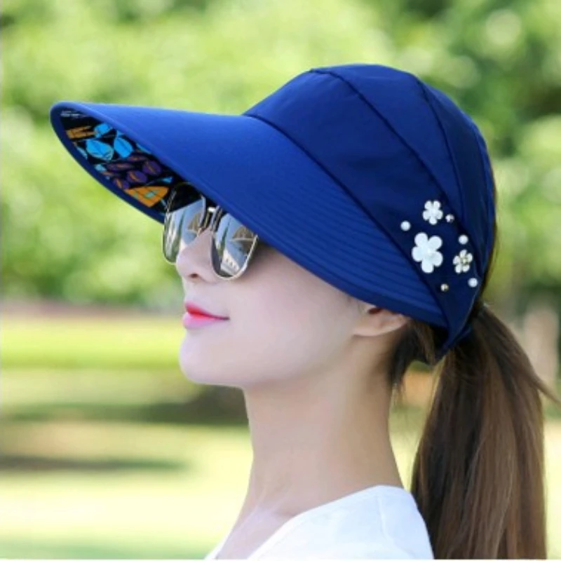 Chapeau de soleil imprimé cuir chevelu pour femmes et hommes, casquette à visière à grand bord, perle, fleur, pliable, respirant, protection UV, voyage, sport, randonnée, plage