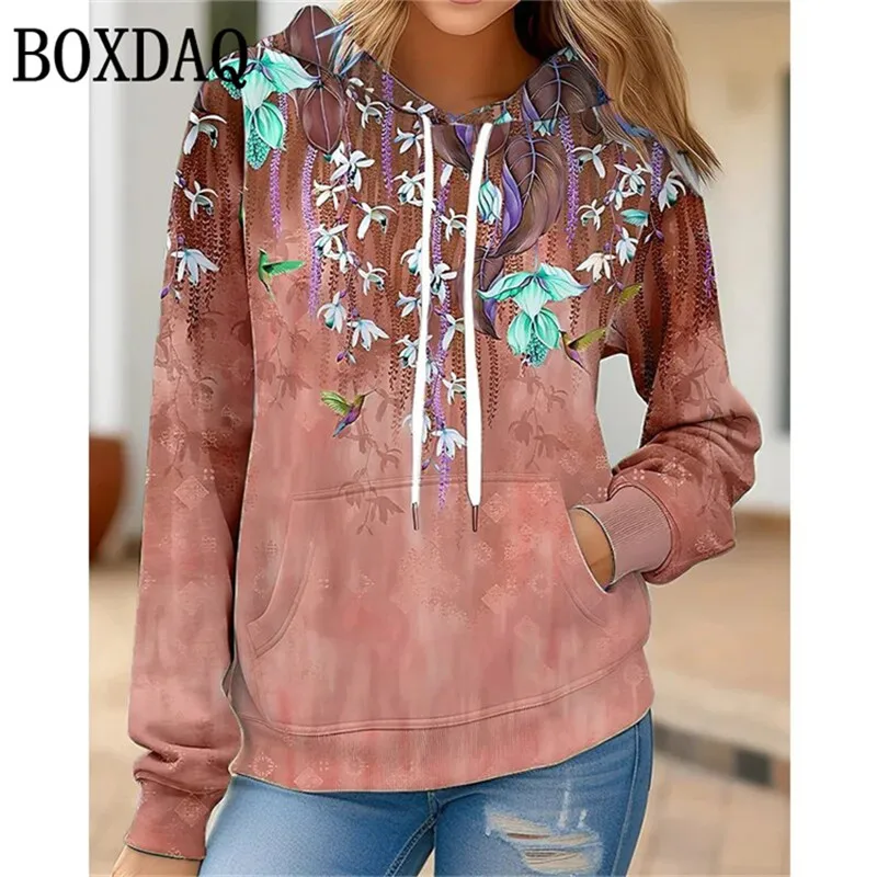 Vintage Flower Hoodies Floral 3D Print Women Fashion Winter Pullover Hooded Sweatshirts Streetwear Loose Pockets Woman Clothing