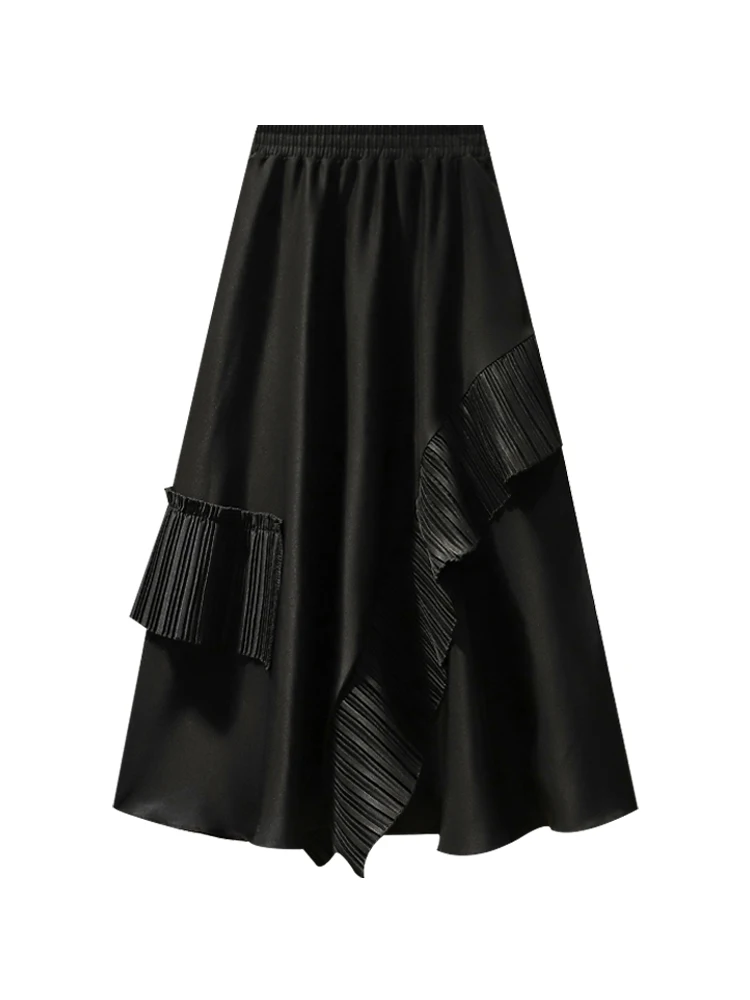 French Vintage Women Old Money Ruffles Ballet Core Elastic Waist Midi Skirt Aesthetic Elegant Black Design Fairycore Party Chic