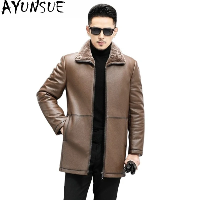 

AYUNSUE 100% натуральная кожаная куртка из коровьей кожи для мужчин, зимняя теплая куртка средней длины с шерстяной подкладкой, теплые меховые пальто, модная куртка Chaqueta Hombre