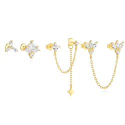 LENNIK 925 Silver Gold single fashionable geometric zircon piercing earrings/double hole zircon chain earrings for women jewelry