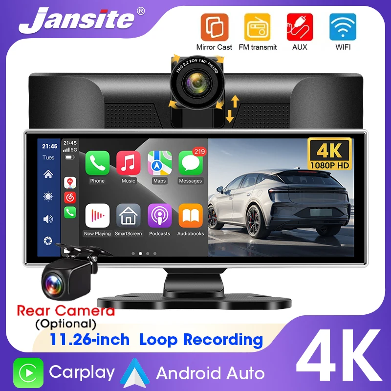 

Jansite 11.26 Inch Screen Dash Cam 4K Wireless Carplay Android Auto 5G WIFI GPS Navigation Car DVR Rearview Camera BT FM AUX