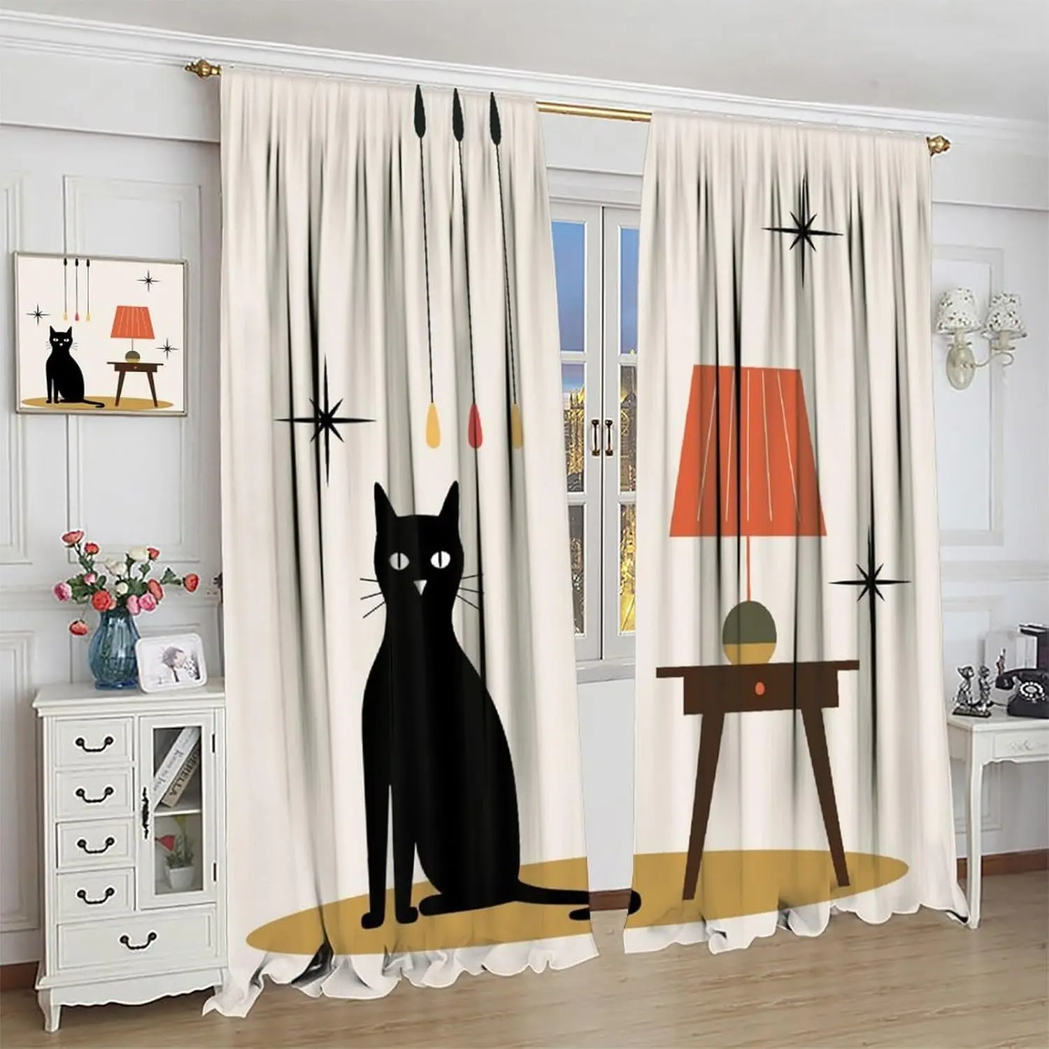 

Шторы «Полуночный кот» – с изображением черной кошки и лампы на фоне звездного узорца, с карманами для крепления на карниз, для гостиной или спальни (21x45 дюймов)