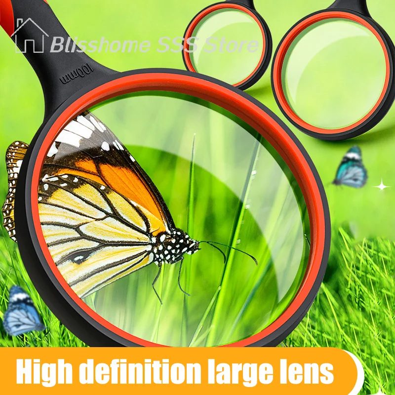 【S】75mm Handheld Magnifying Glass 10x For Kids Seniors Non-Slip Reading Magnifier Lens For Classroom Science Nature Exploration
