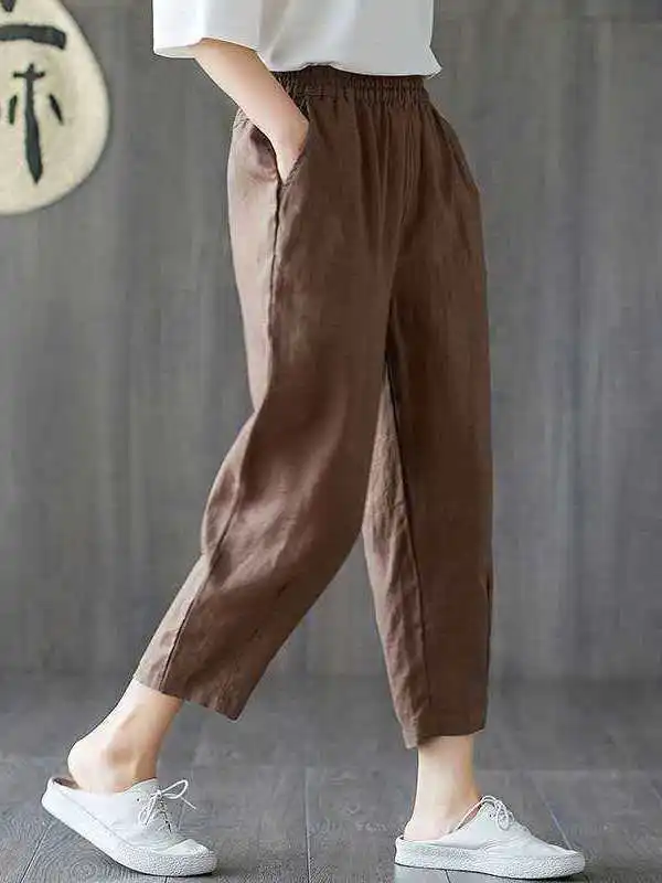 Katoen Linnen Harembroek Elastische Taille Losse Afslankende Straat Sle Casual Broek Lage Taille Werkkleding Zomer Dames Faion