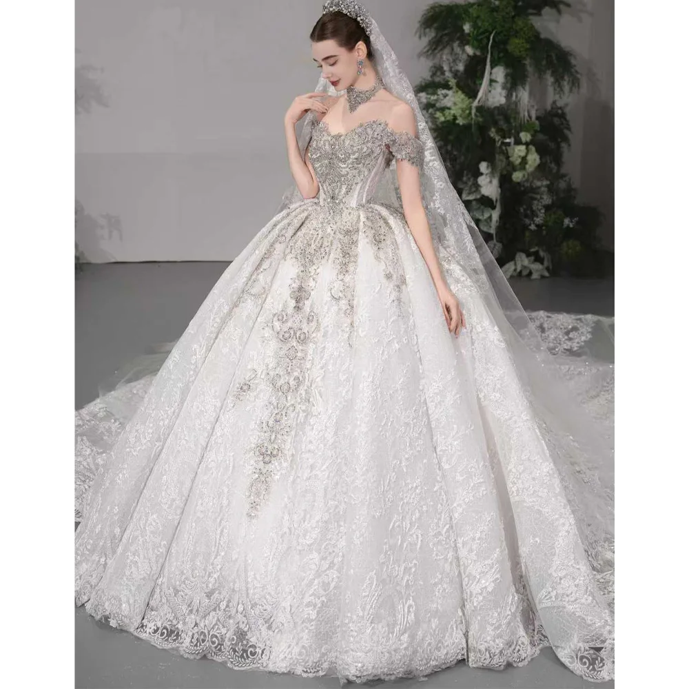 

Свадебное платье в стиле принцессы с открытыми плечами в форме сердца, 2026, выполненное настраиваемое гражданское свадебное платье с вышитыми кристаллами