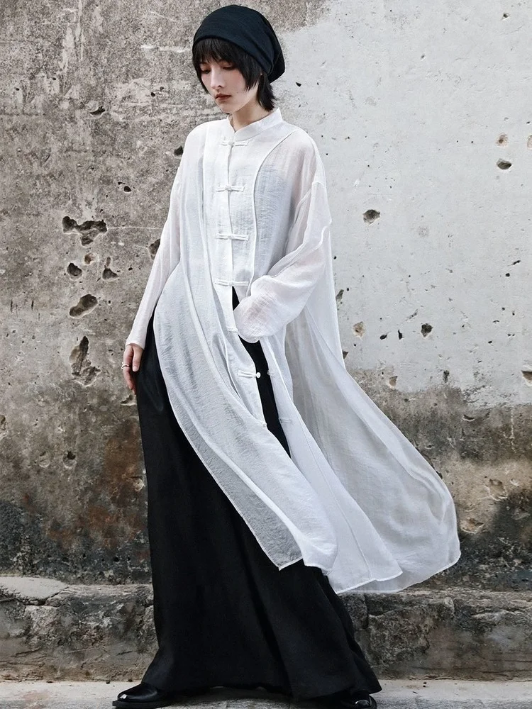 Chinese Style Shirts Women Design Retro Side-slit Simple Sun-proof Summer Stand Collar All-match Pure Breathable Mid-length Chic