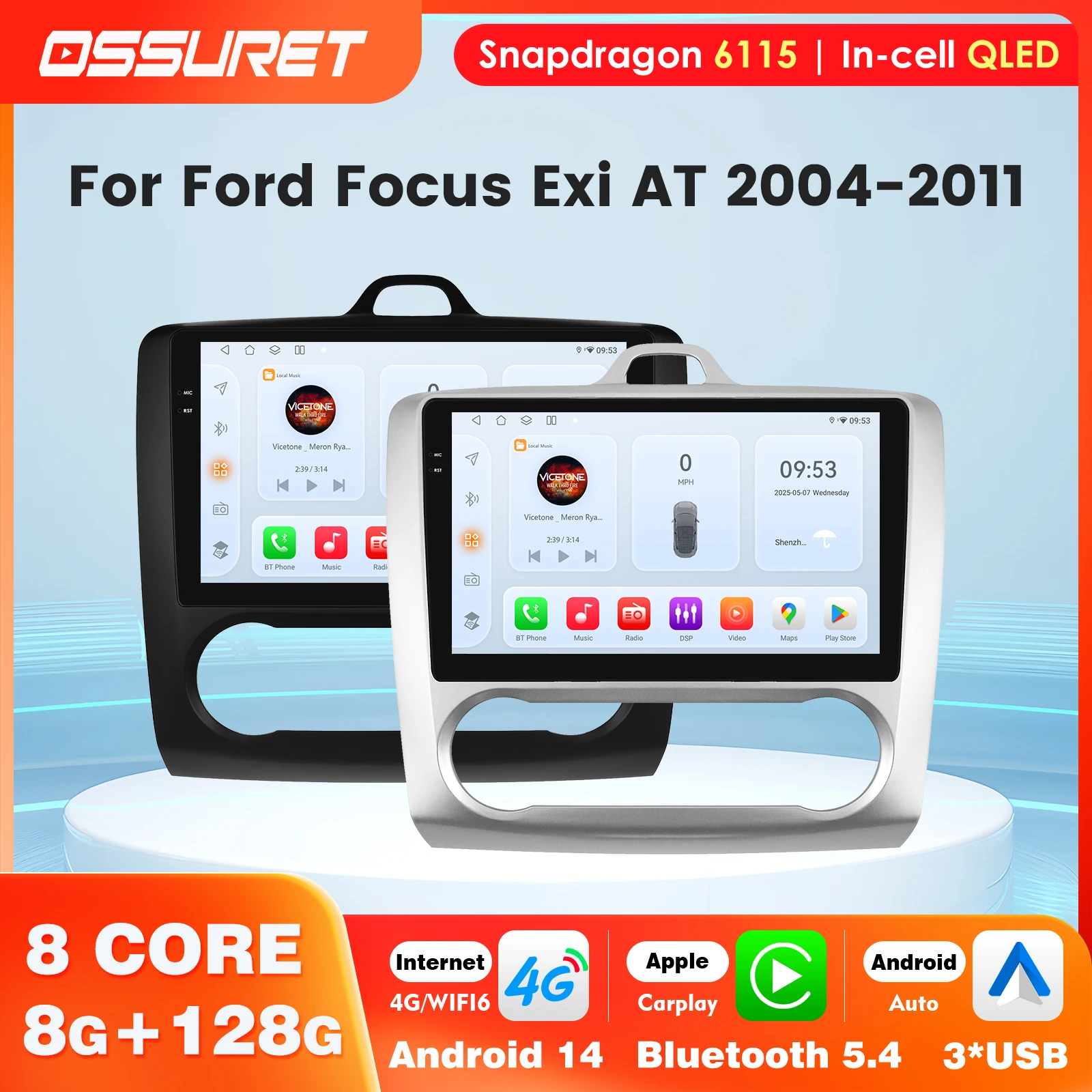OSSURET Carplay Screen for Ford Focus Exi AT 2004-2011 Android Auto 2 Din Car Radio Snapdragon 8 Core Navigation RDS Head Unit
