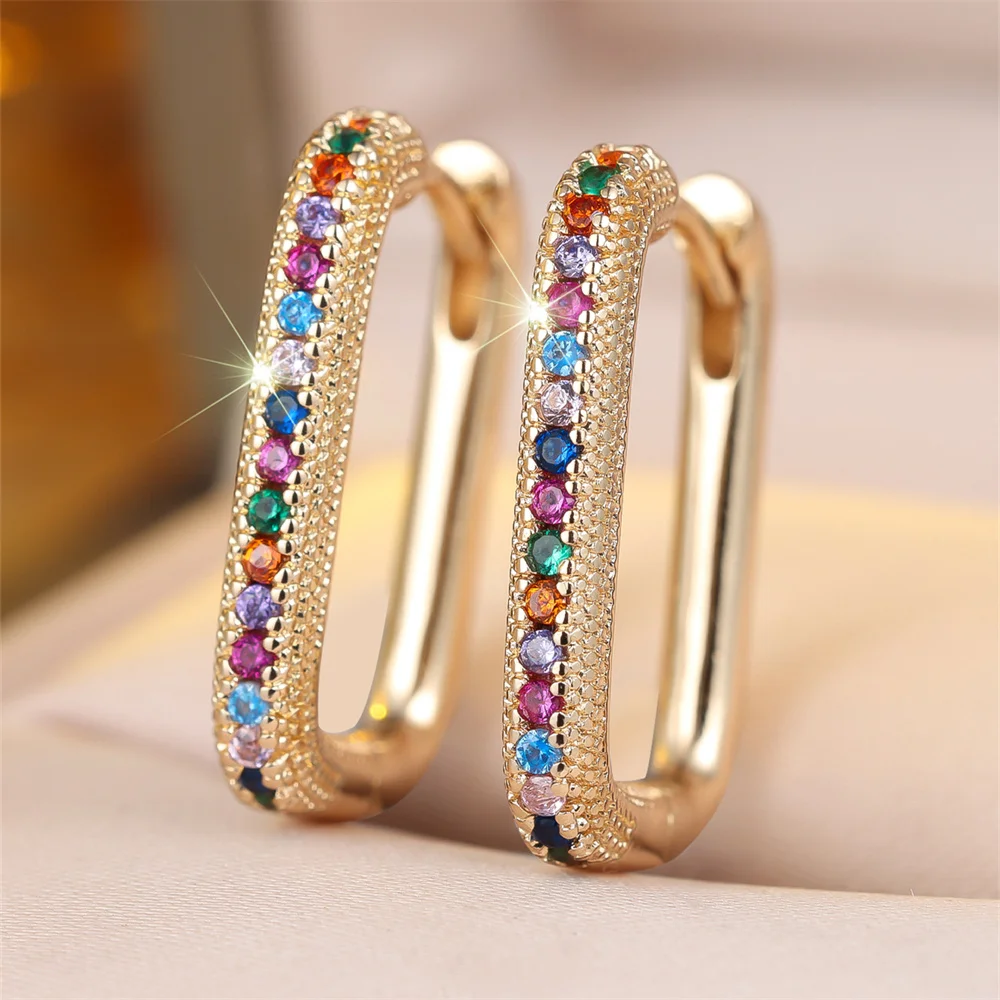Single Row Small Round Stone Rainbow Hoop Earrings For Women Vintage Gold Silver Color Ear Buckle Wedding Jewelry Valentine Gift - view 3