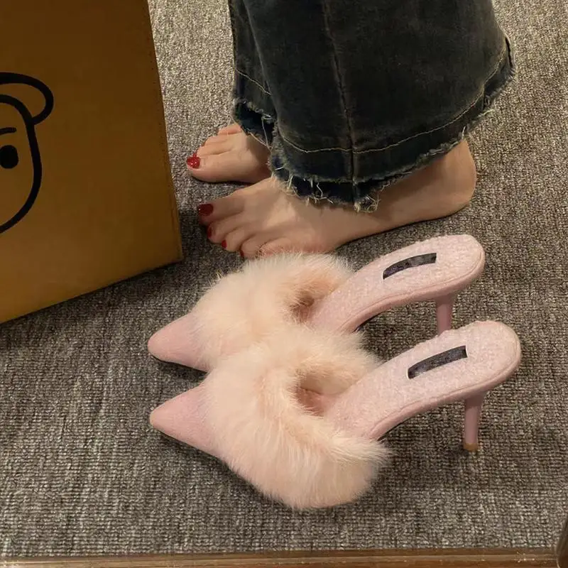 

Women Warm Plush Pointed Toe High Heels Winter Mules Slipper Korean Fashion Design Thin Heels New Flip Flops Pumps Zapatos Mujer
