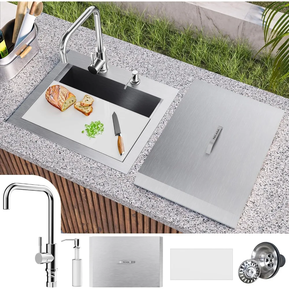 

, 21 x 18 inch Drop-in Workstation Kitchen Sink, T304 Stainless Steel, Single Bowl Bar Sink with Dust Lid and Faucet