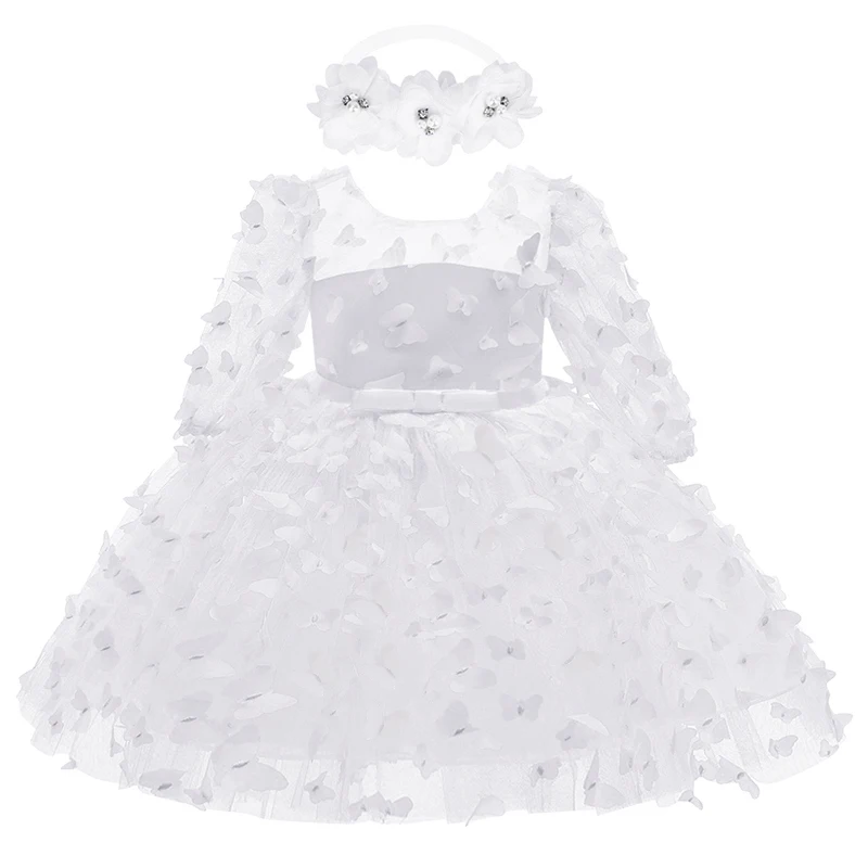 0-24M Baby girl dress full moon baptism dress mesh fluffy princess dress three-dimensional flower bow birthday party dress