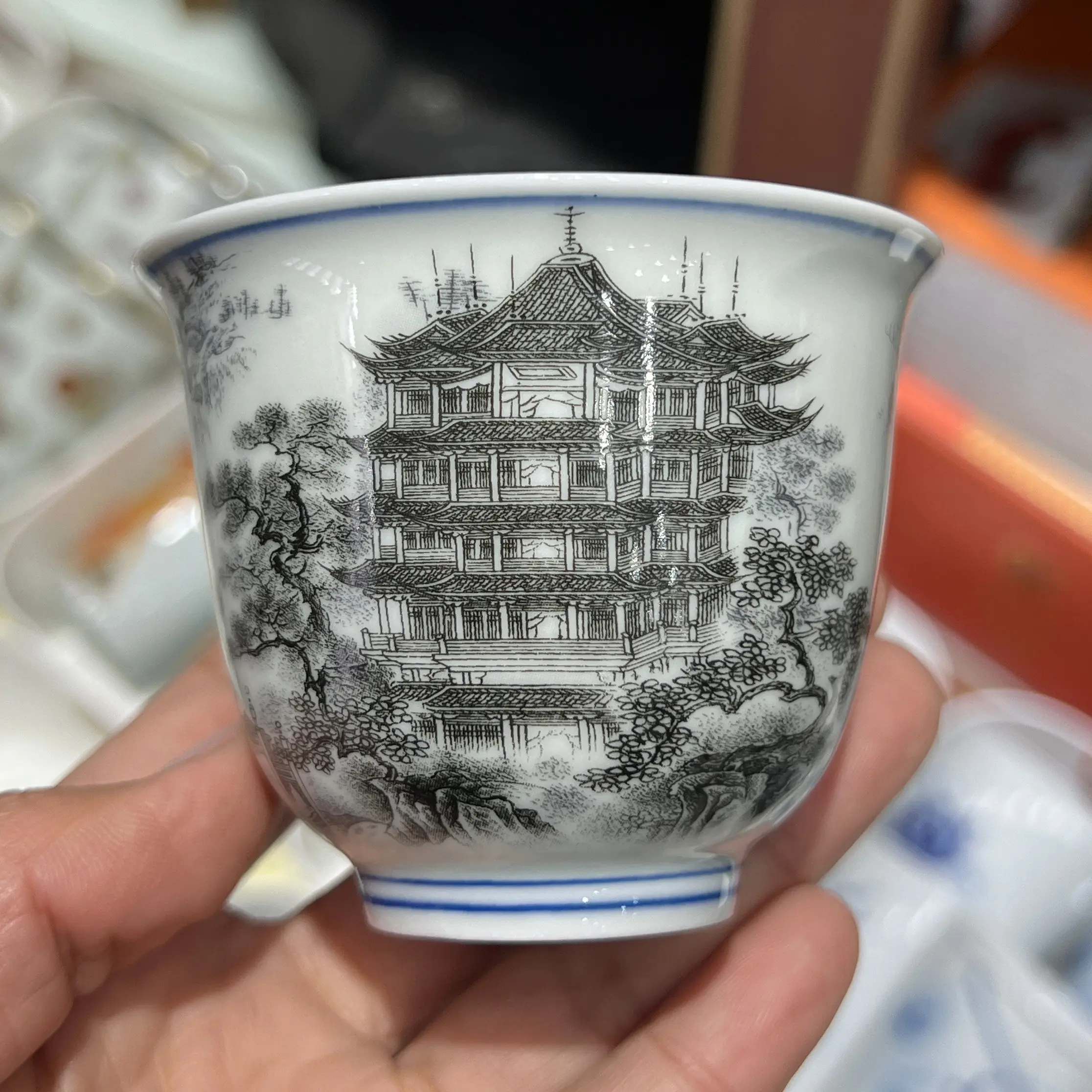Jingdezhen Ink Painting Four Famous Buildings Antique Mud Cup Single Cup Set Tea Drinking Cup Chinese Style Tea Tasting Cup