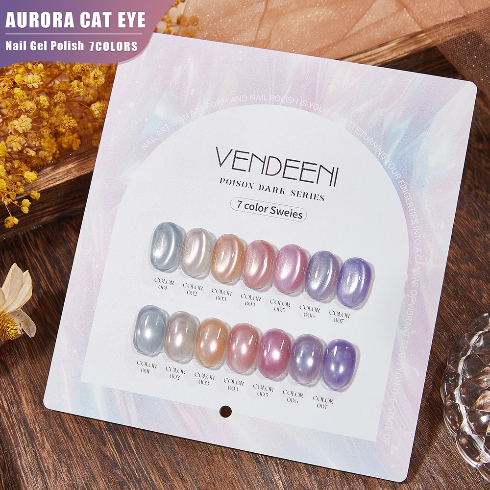 

Vendeeni 7 цветов/набор Aurora Crystal Cat Eye Гель-лак для ногтей TPO FREE Dream Фиолетовый магнитный УФ-гель-лак Soak Off с дисплеем