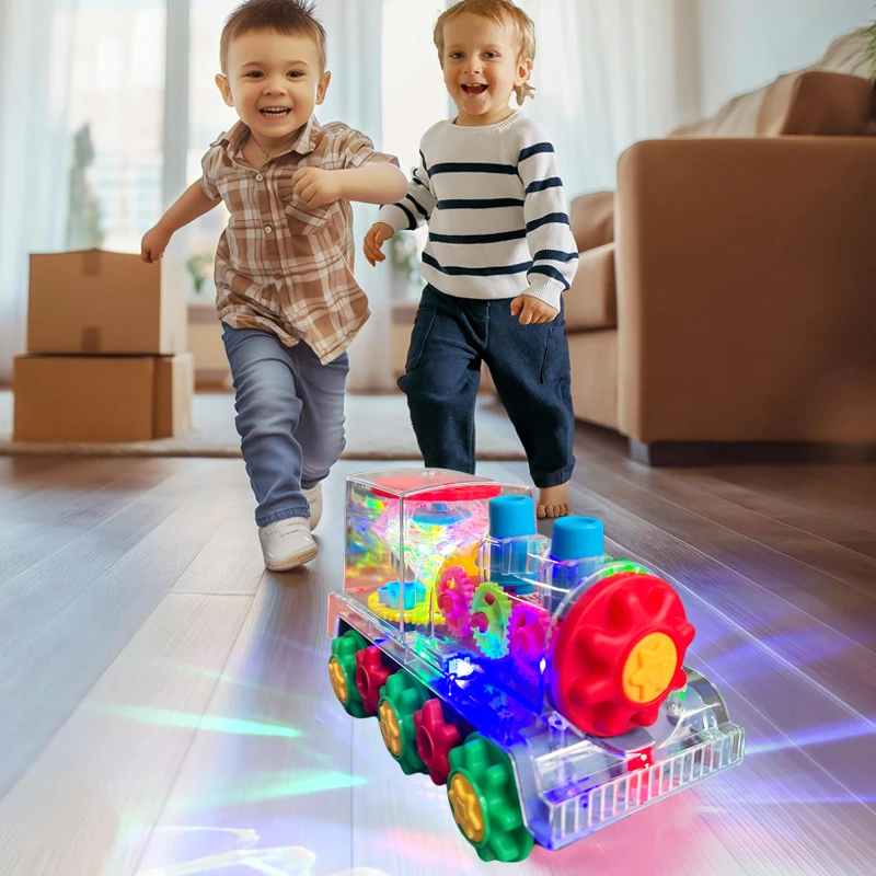 電動歩行小型電車のおもちゃ、透明なギア回転、カラフルな音と光、赤ちゃんへの理想的な贈り物