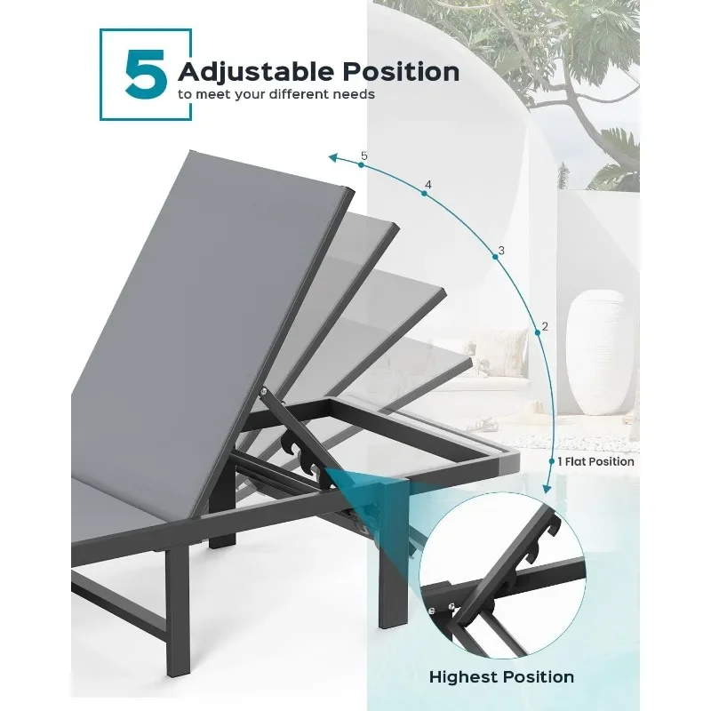 조절 가능한 5 위치 안락 의자, 파티오 라운지 의자, 해변용 풀 플랫 태닝 의자