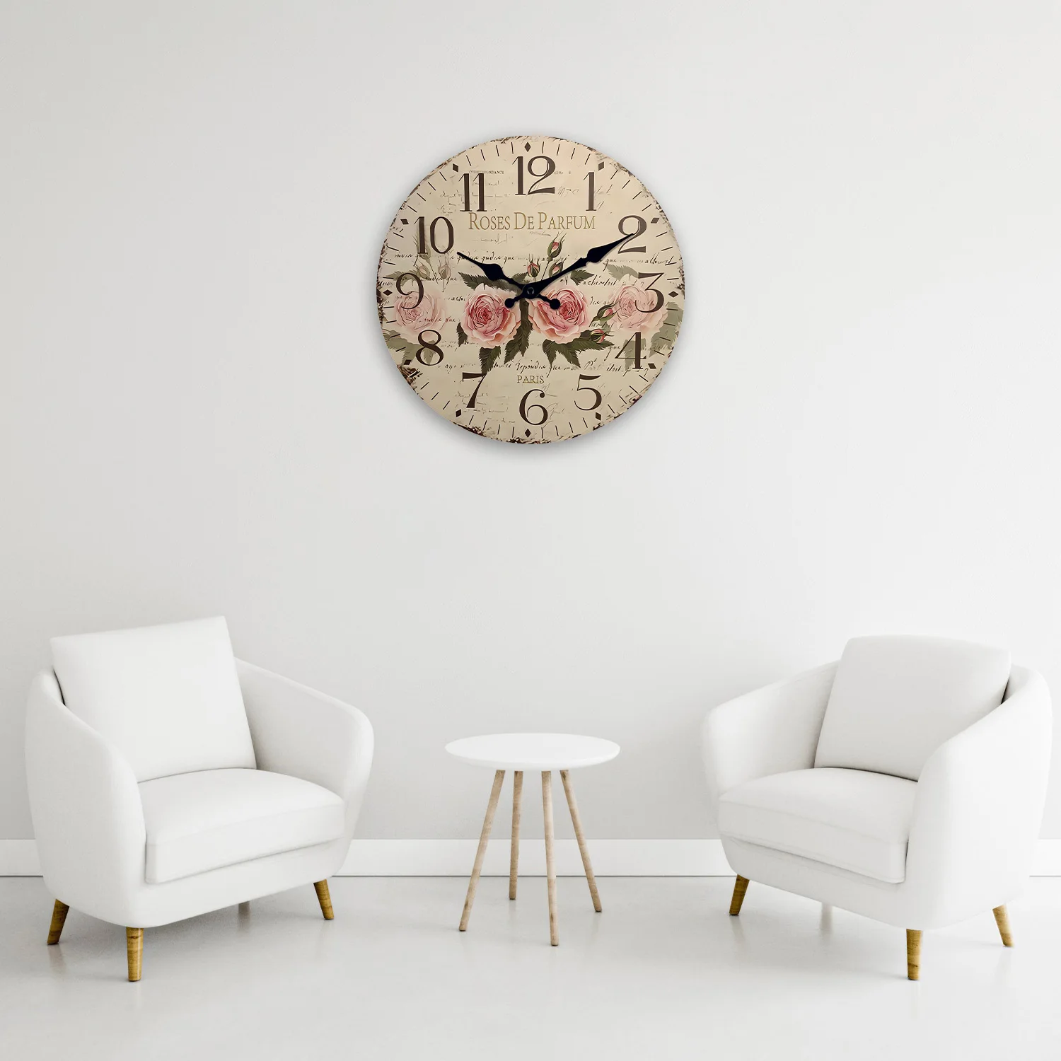 Retro “Roses De Parfum” Pattern Wooden Wall Clock Living Room Bedroom Kitchen Home Decoration Wall Clock Silent Quartz Clock Holiday Gift 10 Inches
