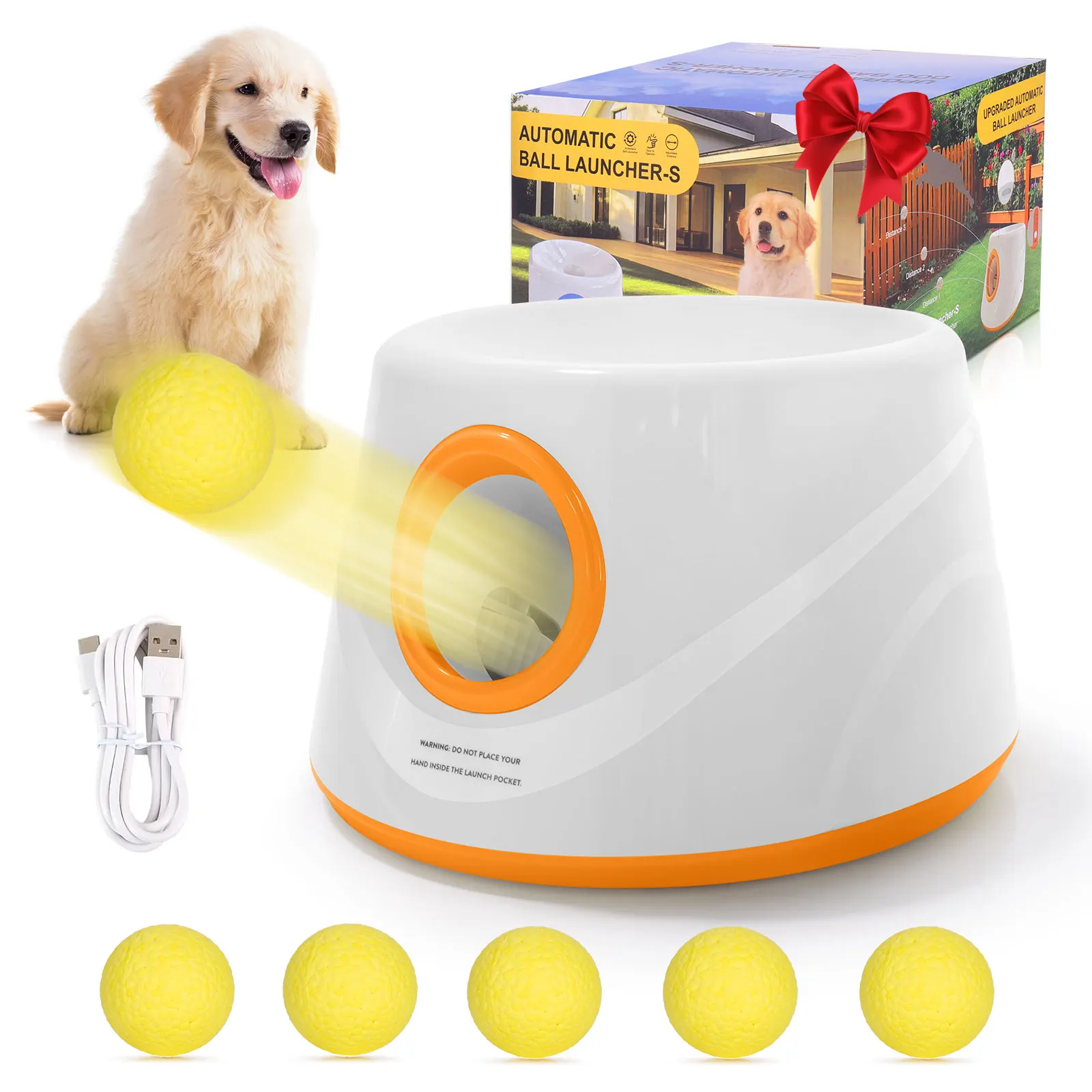 Lanceur de balles automatique pour chien amélioré, lanceur de balles de tennis interactif pour chien avec 5 balles ETPU - Longue durée, jouet interactif pour chien
