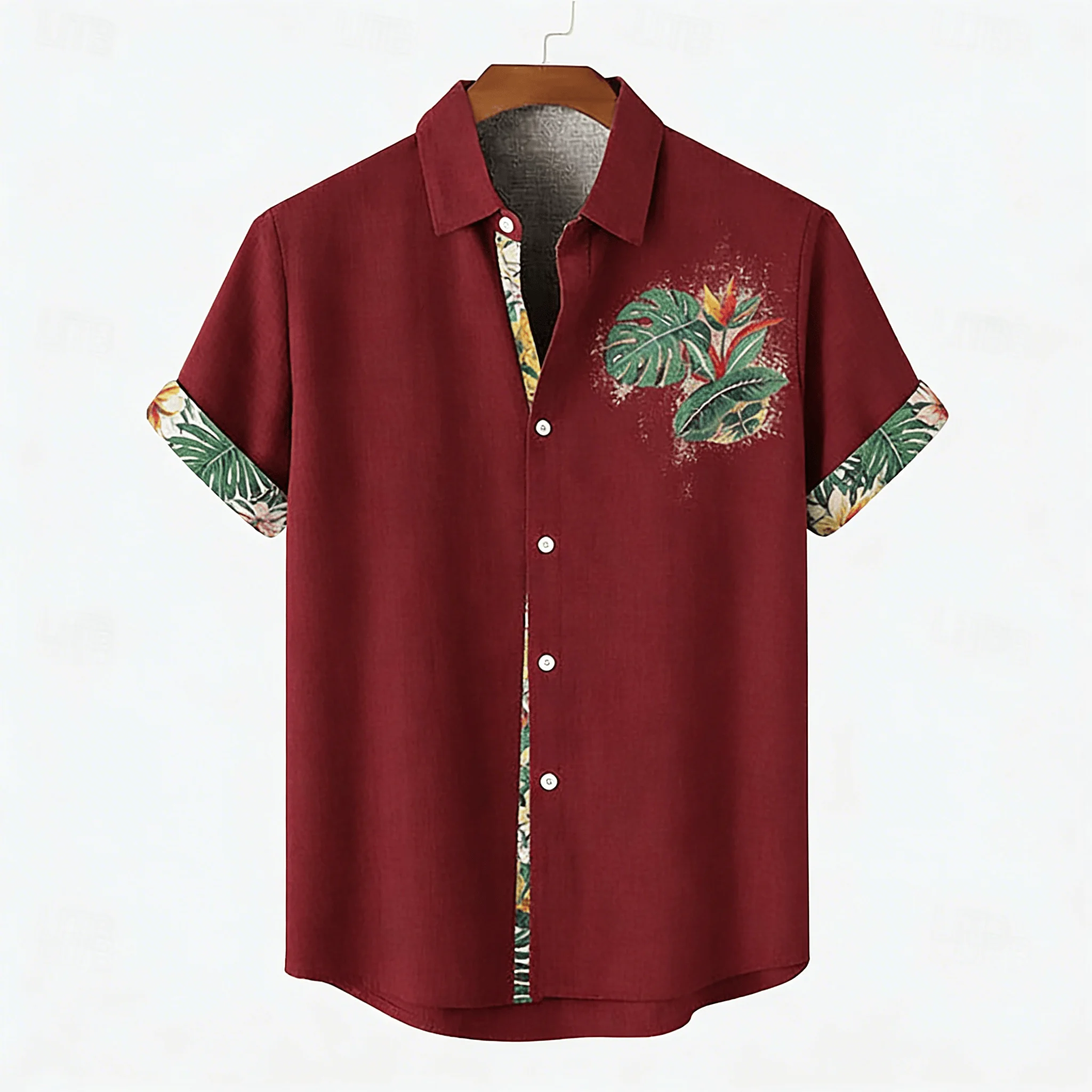 Men's Summer Casual Shirt, Khaki Base with Single Palm Tree Accent Print Cuffs, Turn-Down Collar Top for Beach Vacation