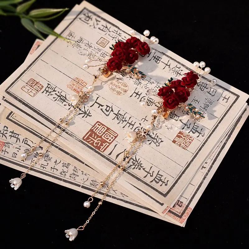 Accesorio para el Cabello Hanfu de Estilo Chino Súper Étnico, Horquilla con Flor de Rosa Roja, Artículo de Lujo Ligero y de Gran Venta, Talla S China