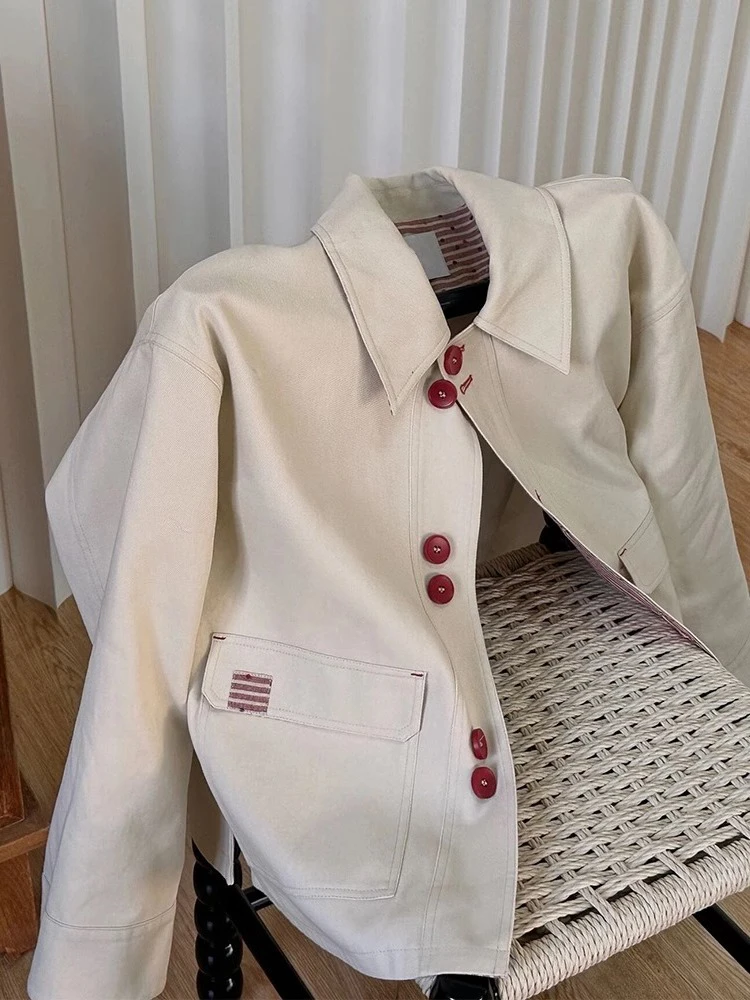 

Повседневная цветная рабочая одежда Blo для женщин, весенне-осенний слинг, универсальный откидной воротник, теплая гарантированная деталь на пуговицах