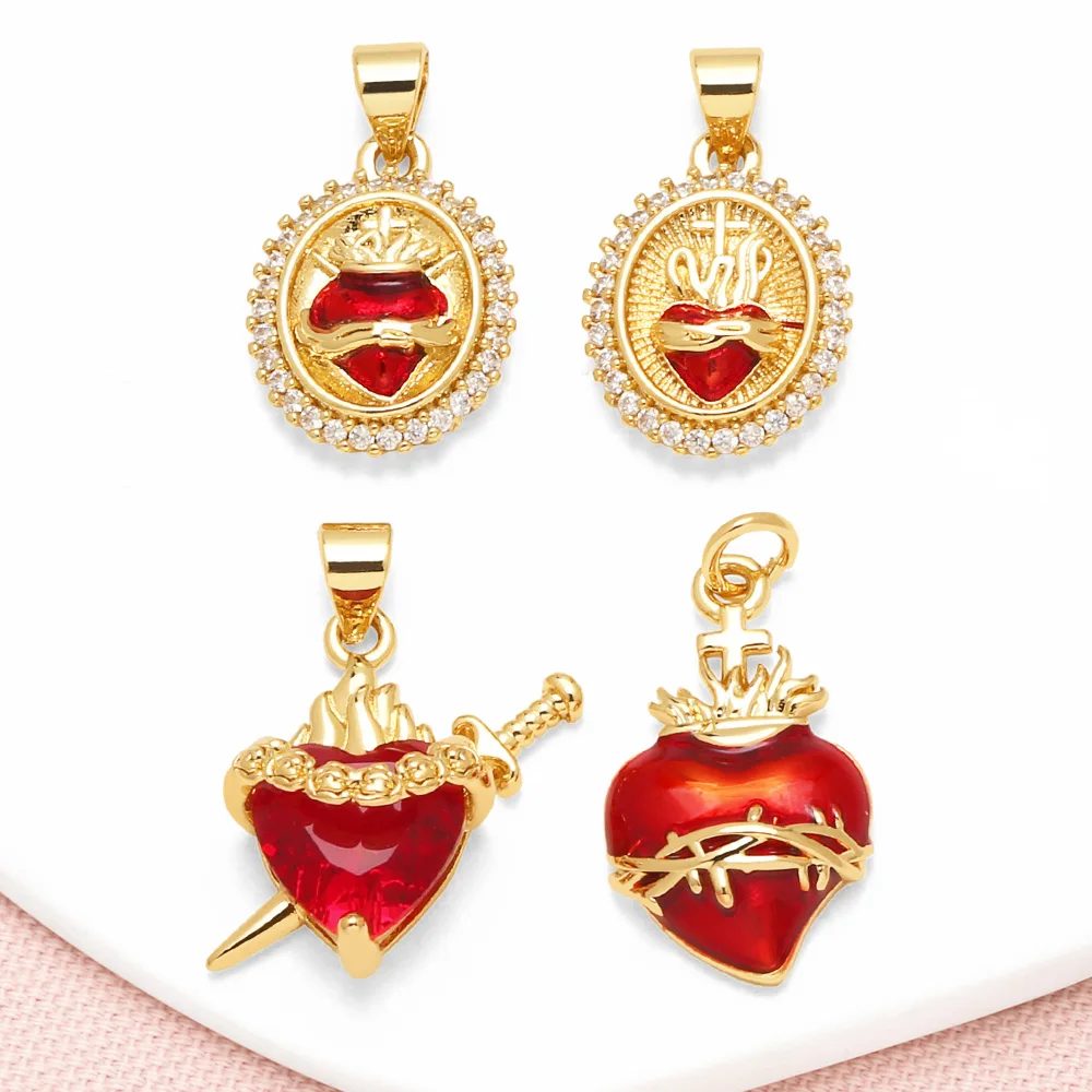 Ocesrio pingente oval de coração esmaltado vermelho para colar cobre banhado a ouro coração de cristal artesanal joias fazendo suprimentos pdta071