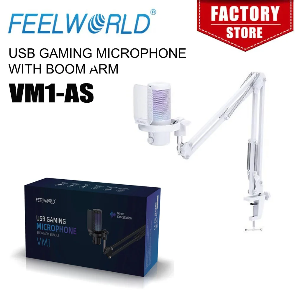 FEELWORLD VM1-AS USB Condenser Gaming Microphone for Streaming Noise Cancellation Mute RGB Light Boom Arm Stand