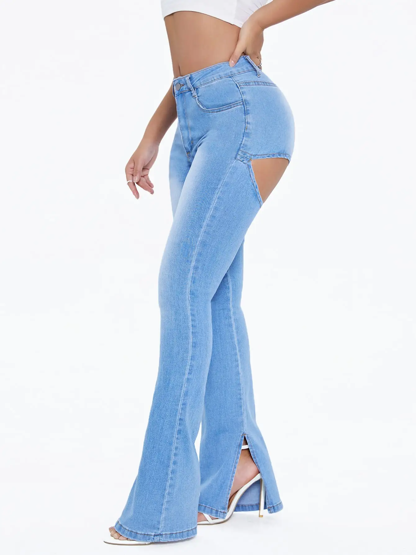 Street trendy women's jeans sexy big holes slim legs slit micro Bell-bottoms pants