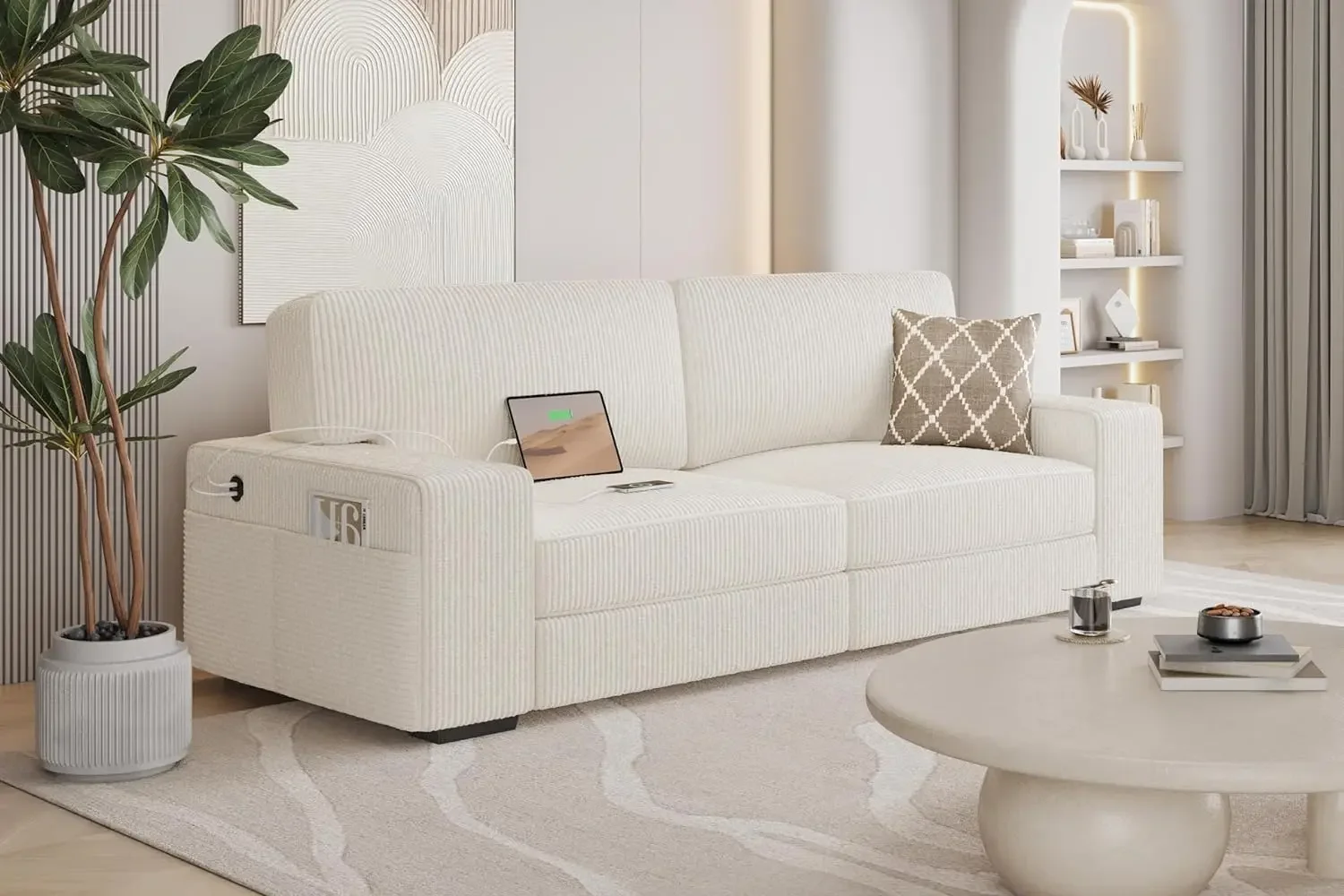 Modern Sofa Couch 2 Seater Corduroy Fabric Sofa with USB Charging Ports & Side Storage Pockets for Living Room Apartment