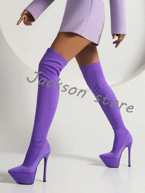 Women's Sexy Thigh High Boots Platform Thick Bottom Pointed Toe Stiletto High Heel Slip On Elastic Over The Knee Boots