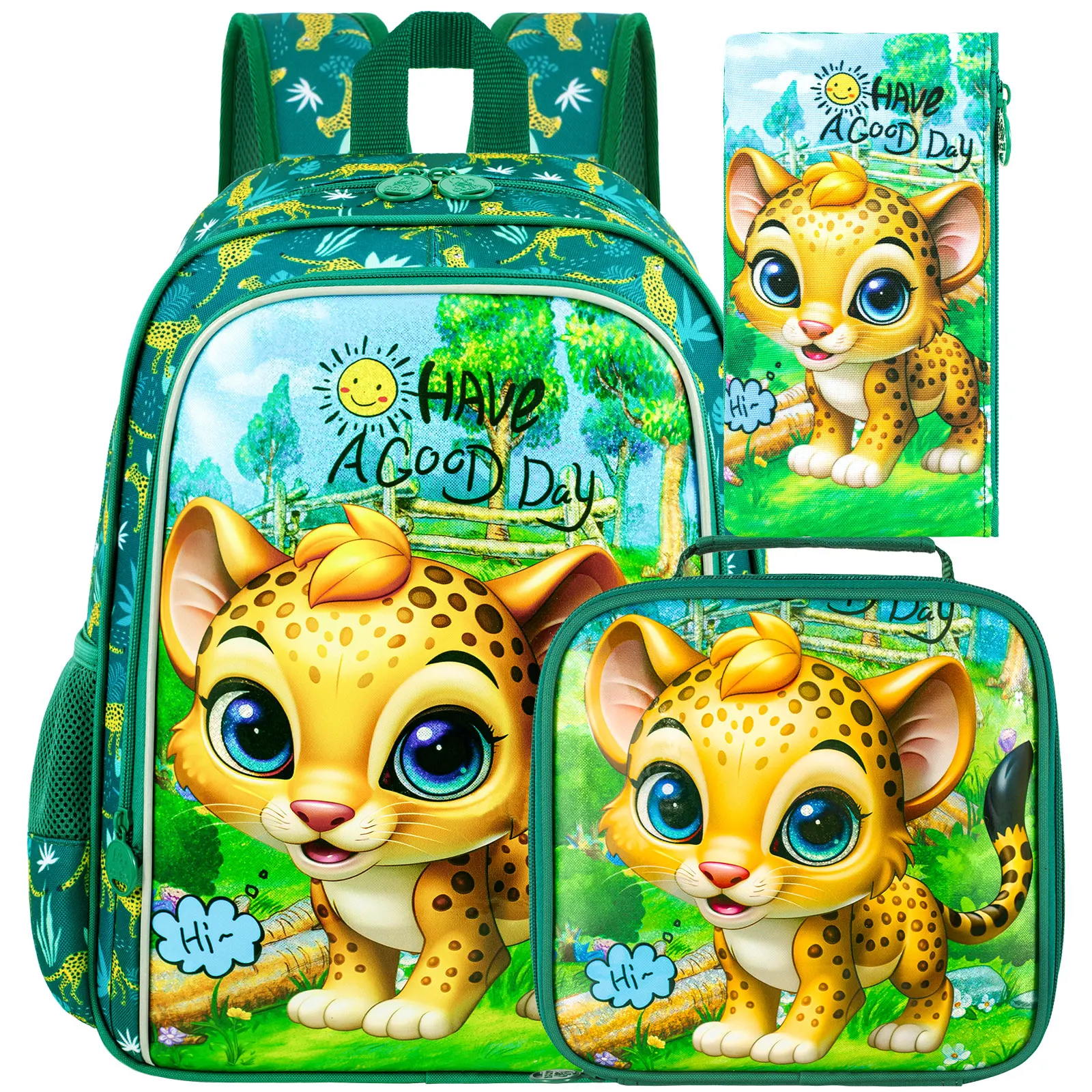 

3PCS Boys Leopard Bookbag, 16" Kids Backpack with Lunch Box, Water Resistant Elementary Preschool Toddler School Bag