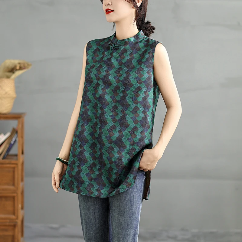 

New Chinese Sle Floral een Cloud Svel Vest Women's Summer Thin Stand Collar Mid-Length Top Loose Fit Commute Sle