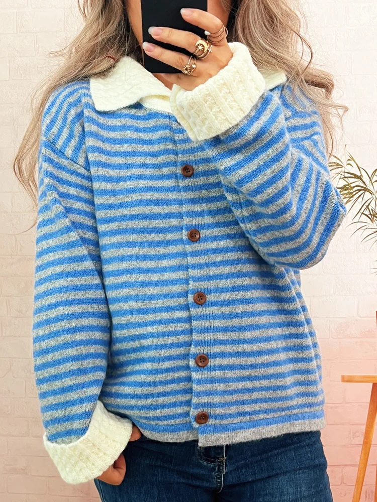 

Новинка 2023 года, полосатый кардиган с отложным воротником, женский осенне-зимний модный однобортный вязаный свитер, куртки