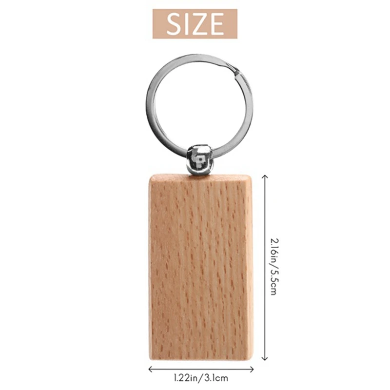 70PCS Wood Keychain Blanks Unfinished Round Wood Key Tag Wood Engraving Blanks Key Chain For DIY Crafts-Rectangle