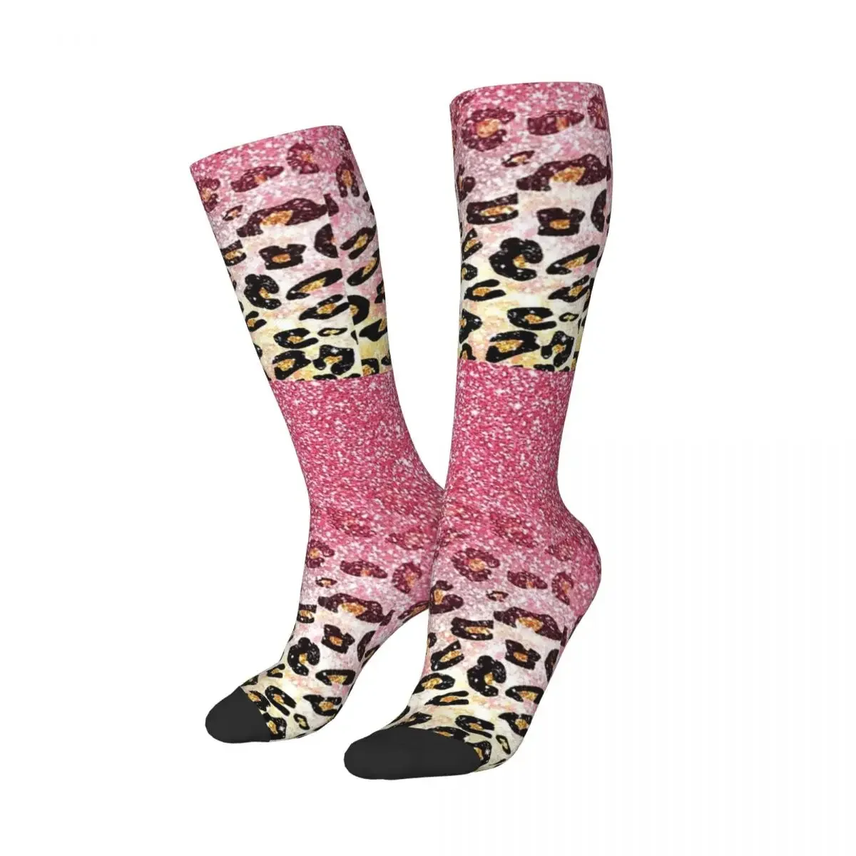 Bubble Gum Pink Faux Glitter Leopard Animal Print Socks Sweat Absorbing Stockings All Season Long Socks for Man's Woman's Gifts