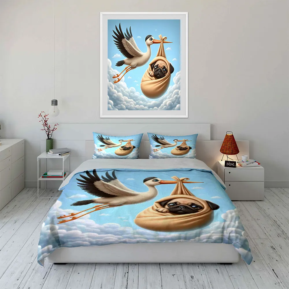 Stork carrying a puppy bundle Pattern Duvet Cover Set Digital Print Colorful Polyester Bedding with Zipper Closur for kids gifts